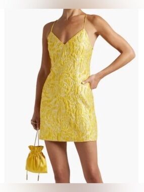 Alice and Olivia Tayla Yellow and Metallic Gold Floral Jacquard A-Line Dress